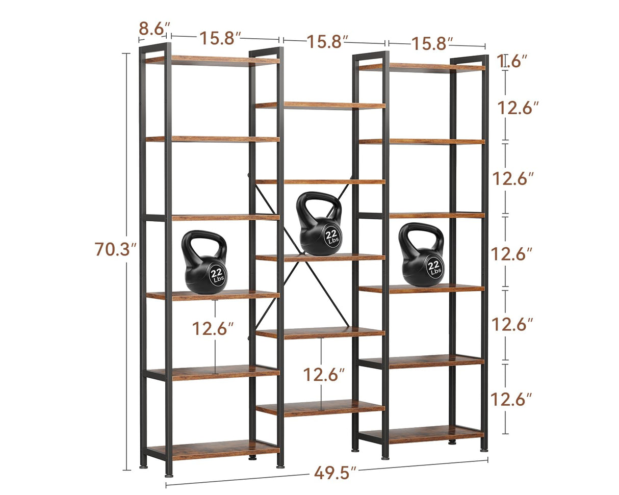 Casaottima Triple 6 Tier Bookshelf, Large Bookcase with 17 Open Display Shelves, Modern Industrial Book Shelves Book Case for Bedroom, Wide Standing Shelving Unit for Living Room Home Office, Vintage Casaottima
