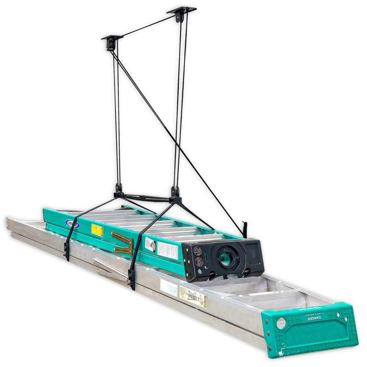 StoreYourBoard Ladder Storage Ceiling Pulley System, Garage Mount Hoist, Heavy Duty Hanging Organizer Holds 150 lbs StoreYourBoard