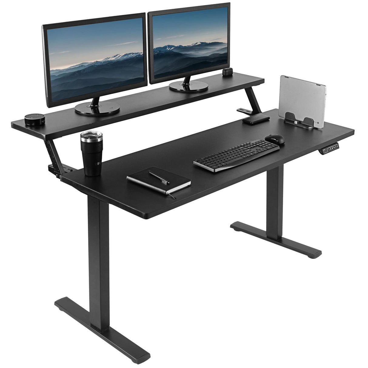 VIVO Electric 2-Tier Height Adjustable 55 x 30 inch Stand Up Desk, Dual Tier Adjustable Shelf Table Top, Standing Workstation with Memory Controller, Home and Office Furniture, Black, DESK-KIT-1B2TB VIVO