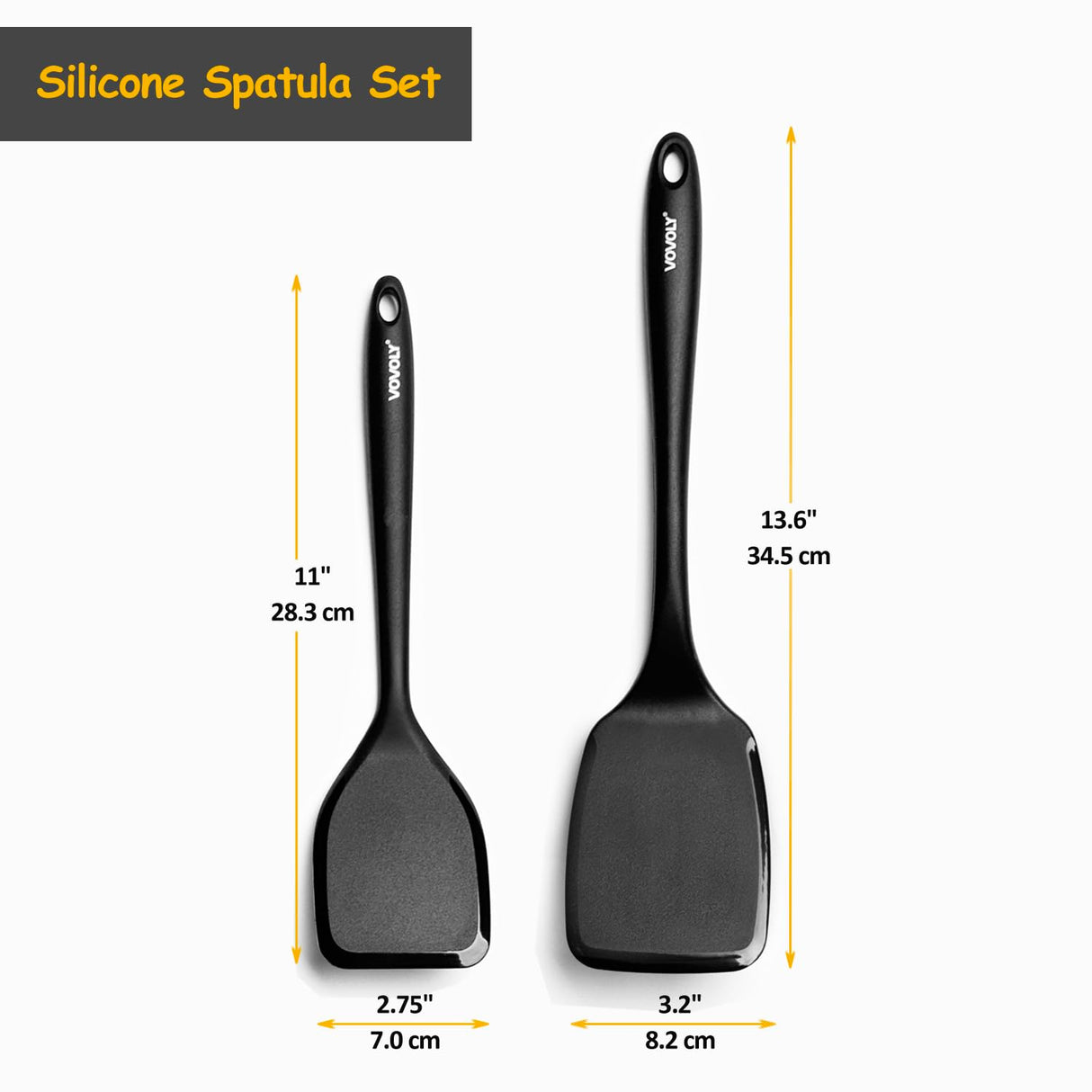 Silicone Spatula Set, 600°F Heat Resistant Silicone Spatula Turner Flipper for Cooking, Non Stick and Non Scratch Kitchen Utensils for Eggs, Burgers, Crepes, 2-Pack Solid Spatulas Set, Black Vovoly