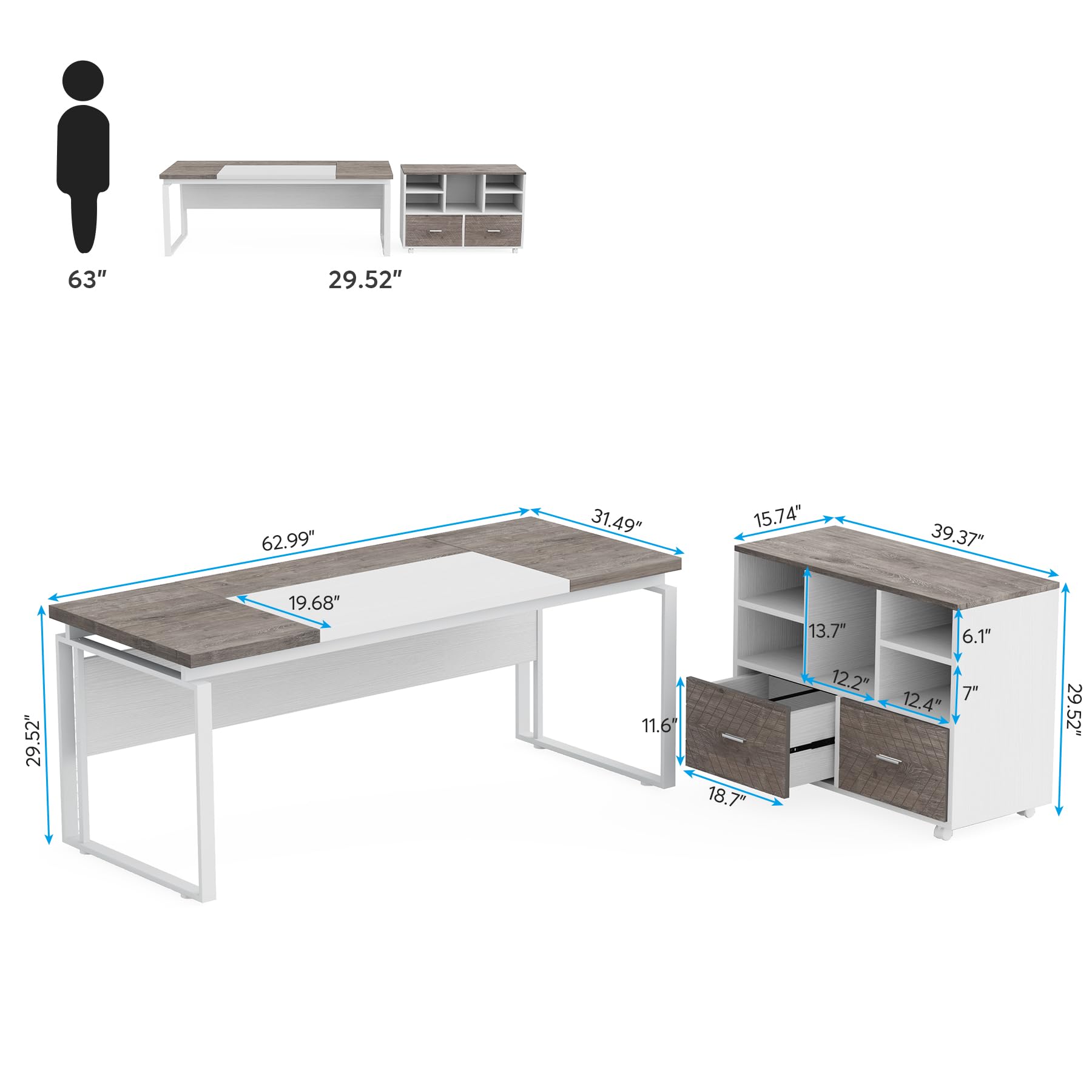 Tribesigns L-Shaped Executive Desk with Reversible File Cabinet, 63" Office Desk with Storage Drawers, L-Shaped Computer Desk with Drawer Cabinet for Hanging Letter Size Files,Gray & White - WoodArtSupply