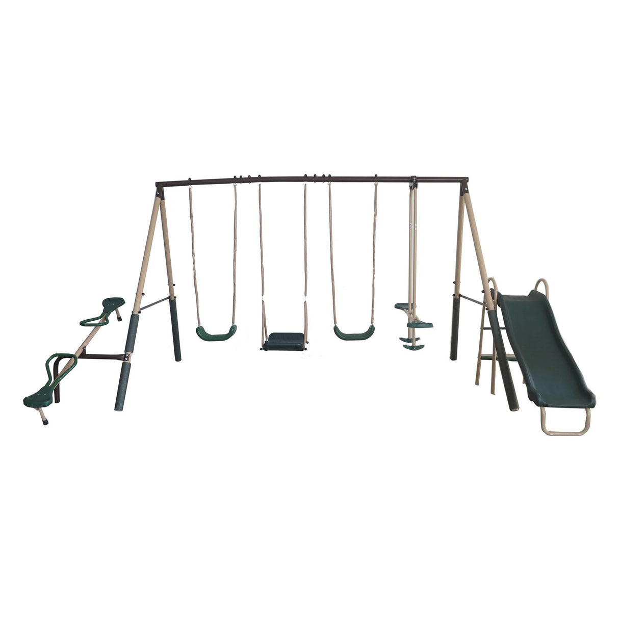 XDP Recreation Crestview Outdoor Play Kids Metal Backyard Playset Swing Set with 2 Swings, Slide, Stand N Swing, Fun Glider, and See Saw, Green/Tan XDP RECREATION
