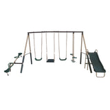 XDP Recreation Crestview Outdoor Play Kids Metal Backyard Playset Swing Set with 2 Swings, Slide, Stand N Swing, Fun Glider, and See Saw, Green/Tan XDP RECREATION