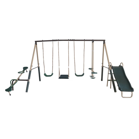XDP Recreation Crestview Outdoor Play Kids Metal Backyard Playset Swing Set with 2 Swings, Slide, Stand N Swing, Fun Glider, and See Saw, Green/Tan XDP RECREATION