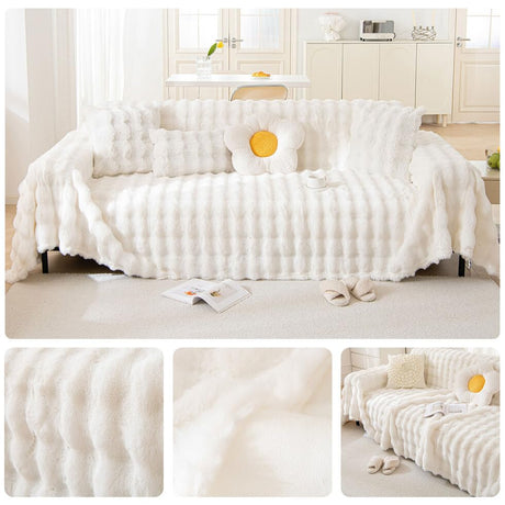 AMWAN Cozy Faux Fur Couch Cover Large Fuzzy Blanket for Sofabed,Loveseat Thick Cozy Shaggy Sofa Slipcover for Sectional,L Shaped Sofa Pets Multifunctional Throws Living Room Decor,Cloud White,71x134’’ AMWAN
