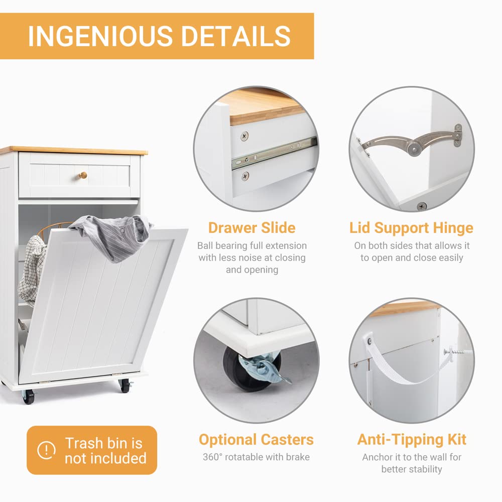 VINGLI Tilt Out Trash Cabinet, Garbage Can Cabinet with Drawer, 10 Gallon Movable/Freestanding Pet Proof Storage Organizer, Modern Trash Can Kitchen Cabinet, Living Room Storage, White VINGLI