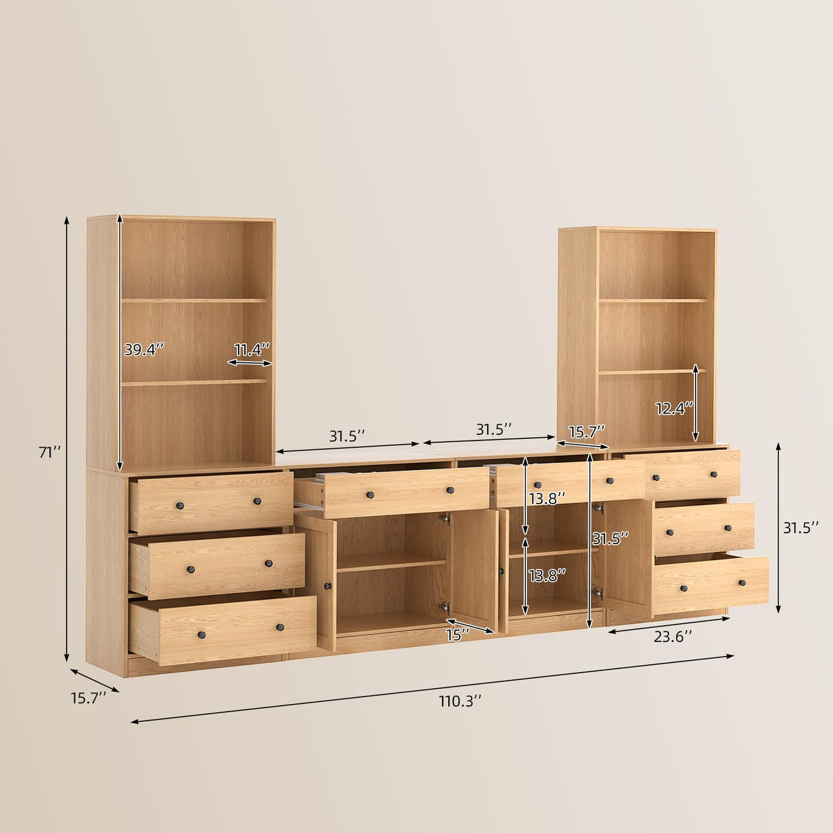 TUSY 4-Piece Large TV Stand with Bookshelves for TVs up to 75", TV Entertainment Center Media Center with Tempered Glass Doors and Shelves, TV Hutch for Living Room White (Wood) TUSY