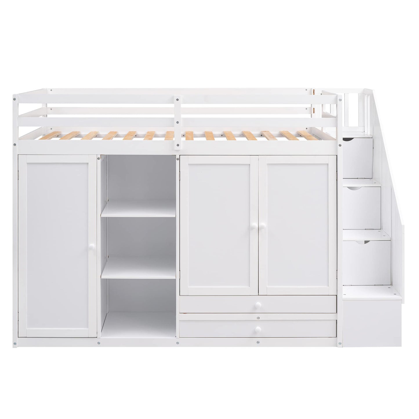 BOVZA Twin Size White Loft Bed with Stairs, Wardrobe, Drawers, and Shelves for Kids and Teens