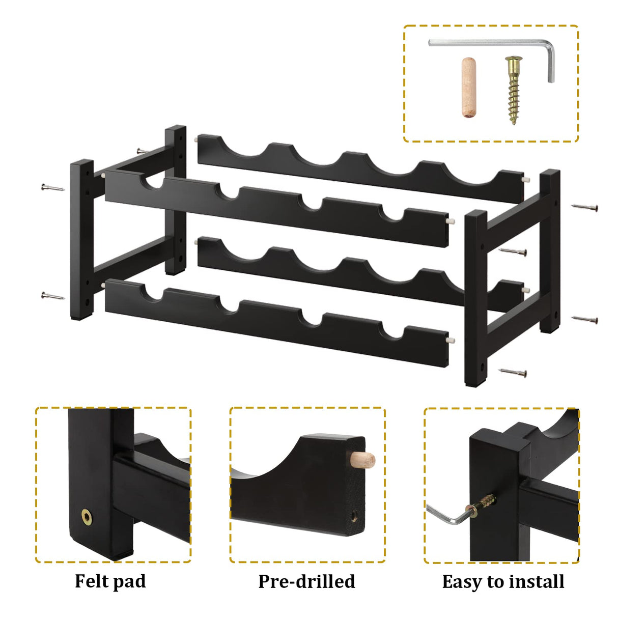 BAMEOS Wine Rack Freestanding 8 Bottle 2 Tier Bamboo Wine Racks Countertop Cabinet Wine Holder Wine Storage Shelf for Kitchen, Bar, Pantry, Wine Cellar, Countertop Black (16.85 L x 9.25W x 7H) BAMEOS