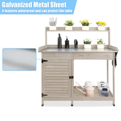 Ketive Outdoor Garden Potting Bench Table,41" L Wooden Potting Table Work Bench for Horticulture,Waterproof Workstation Table with Metal Tabletop/Cabinet/Drawer/Open Shelf,Grey (Table10-Grey)