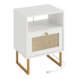 Masupu Rattan Nightstand with Charging Station,Modern Boho Farmhouse Wood Bedside Table with Storage Drawer and Open Shelf,Small Gold Frame Side End Table for Bedroom,Living Room,Office White Masupu