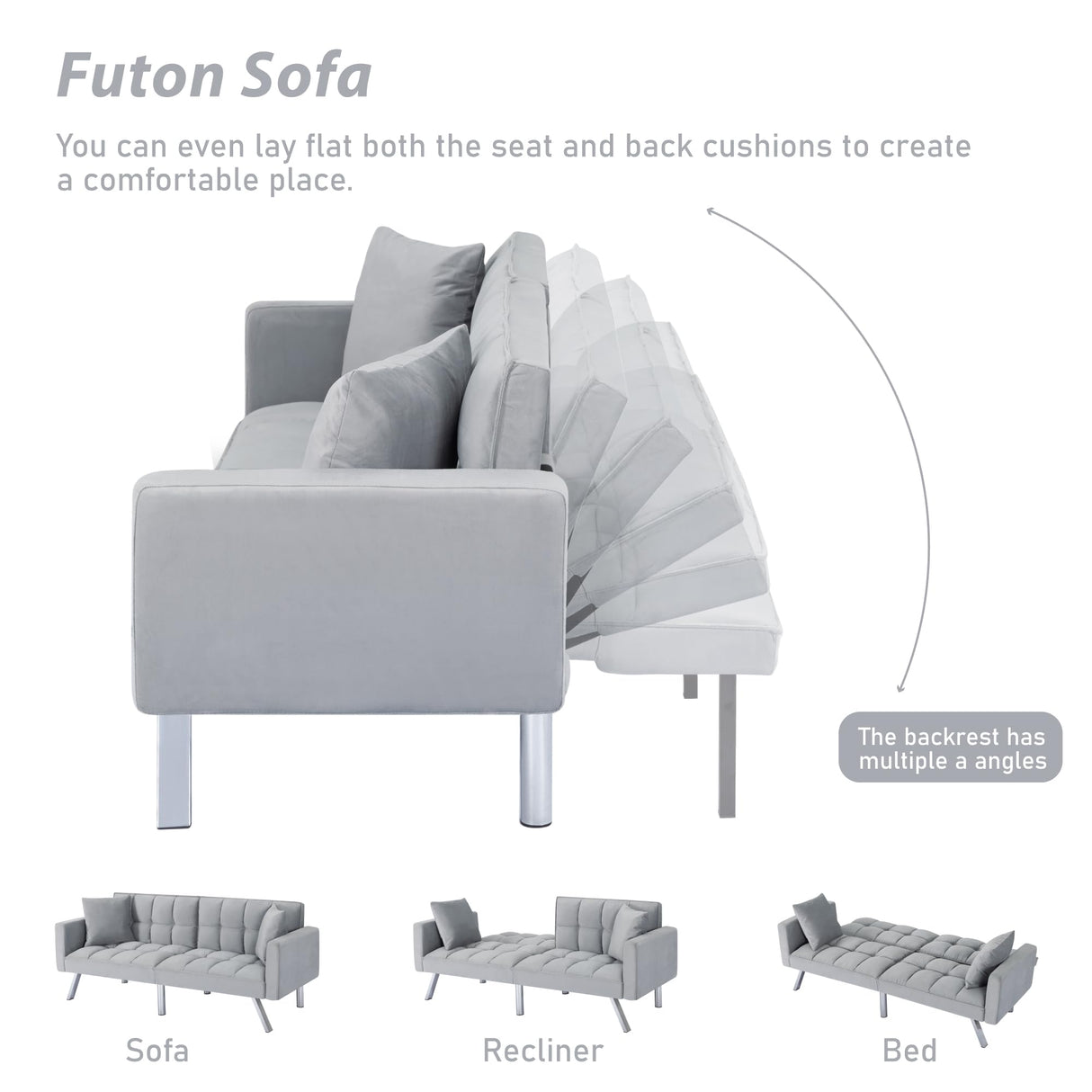 Modern Velvet Futon Sofa Bed,Convertible Sleeper Loveseat with 4 Folding Backrest,78" Comfy Deep Seat Cloud Couch Bed for Living Room Apartment Office (Light Grey) Majnesvon