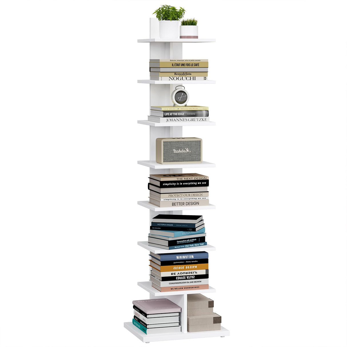 TUTOTAK Vertical Bookshelf, 8-Tier Bookcase, Narrow Spine Book Shelf for Small Space, Corner Standing Shelf for Living Room, Office, Study, Entryway, White BS06BW008 TUTOTAK