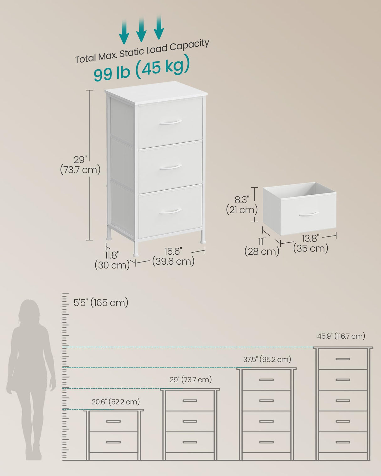 SONGMICS Dresser for Bedroom, Chest of Drawers, Steel, MDF, 3 Non-Woven Fabric Drawers, Storage Organizer Unit, Closet, Entryway, Cloud White and Snow White ULGS313W01S SONGMICS