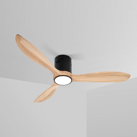 VACILL Flush Mount Ceiling Fan with Light,Low Profile Ceiling Fan,Wooden Fan Blades,6 Speed,LED Dimmable,DC Motor,52 inch,Natural Wood Blade VACILL
