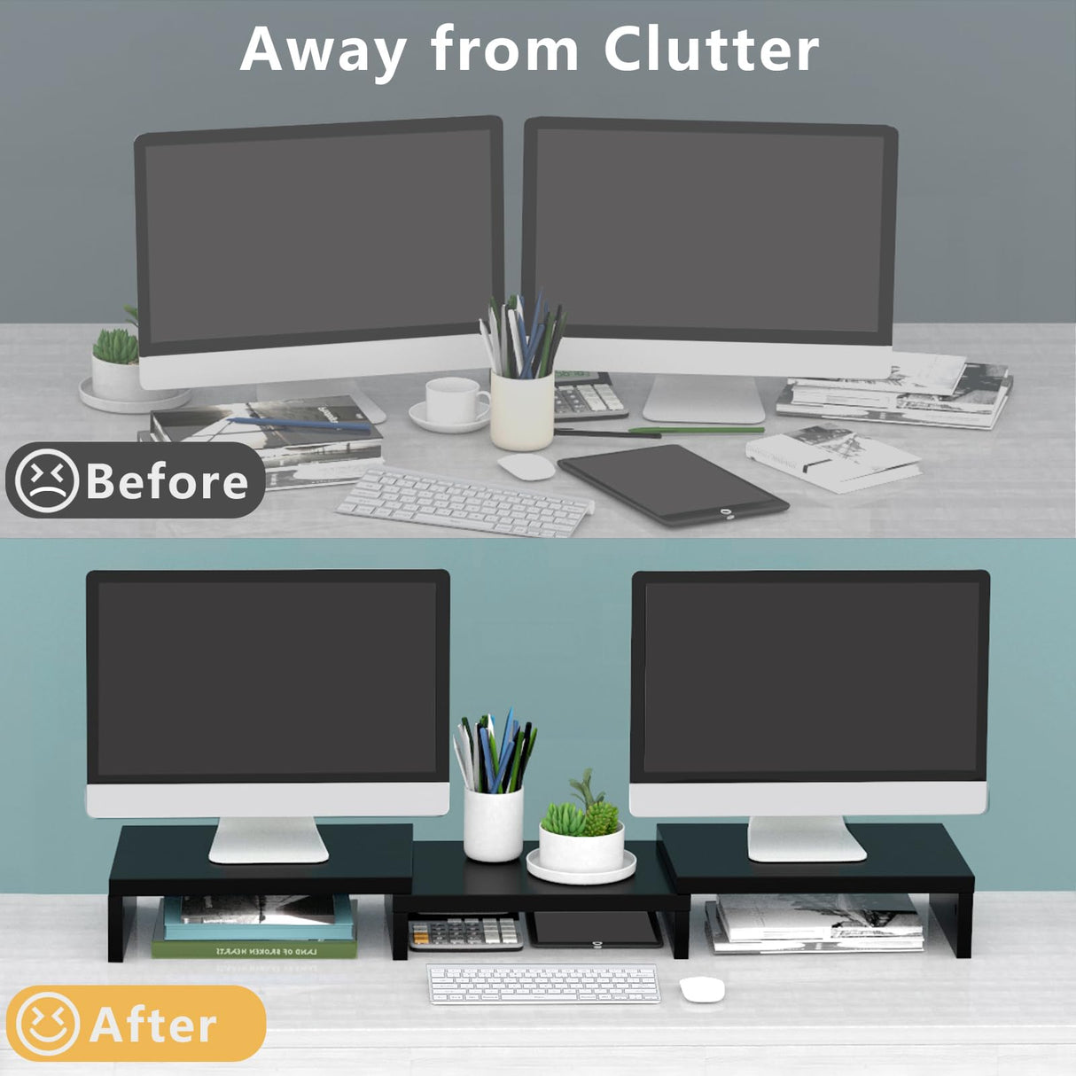 TAVR Dual Monitor Stand Riser Office Desktop Organizer Stand for 2 Monitors, Adjustable Length and Angle 3 Shelf, Extra Long Multifunctional Stand up to 48.2" fit Computer, Laptop, TV, Black TAVR Furniture