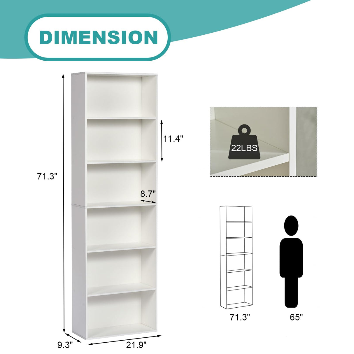 OneBlis 6-Tier Book Shelf, Floor Standing Open Bookcase, Wooden Display Storage Shelves with Anti-Tipping Device, 71" Tall Bookshelf for Bedroom, Living Room and Office, White OneBlis