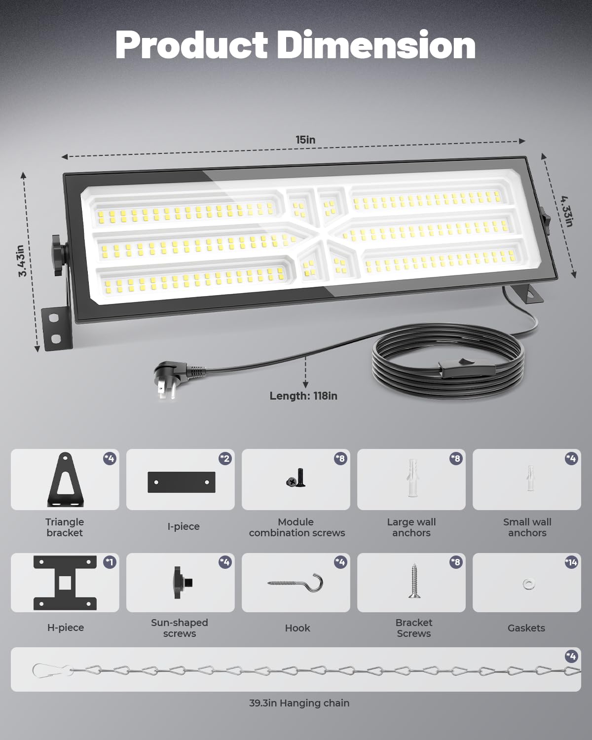 AGranTOP 2 Pack Linkable LED Shop Light - 100W 15000LM Aluminum Plug in Garage Light w/ 9.84ft Power Cord and On/Off Switch, 6500K Shop Lights for Garage, Workshop, Warehouse AGranTOP