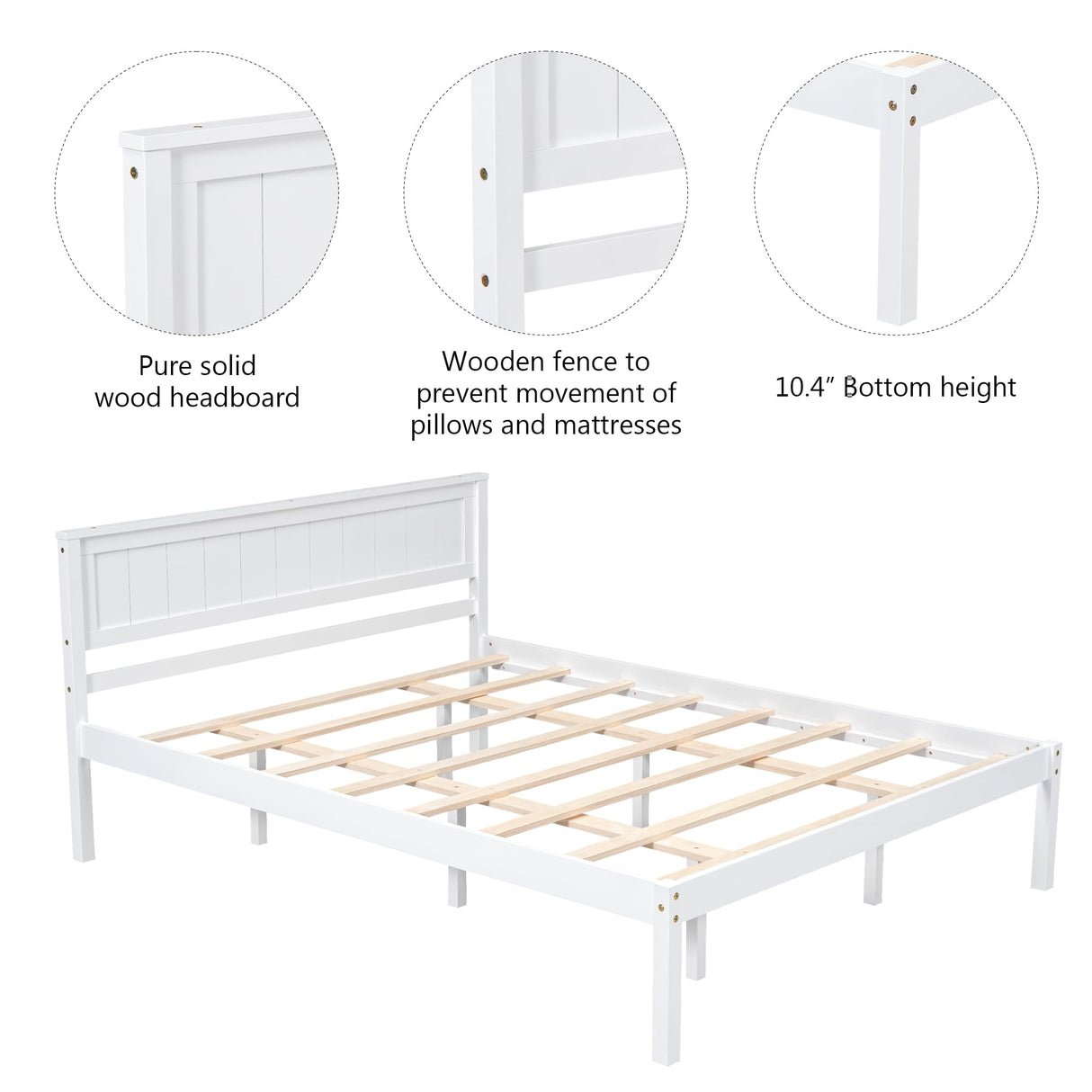 Merax Queen Size Wood Platform Bed with Headboard – White Finish, No Box Spring Needed Merax