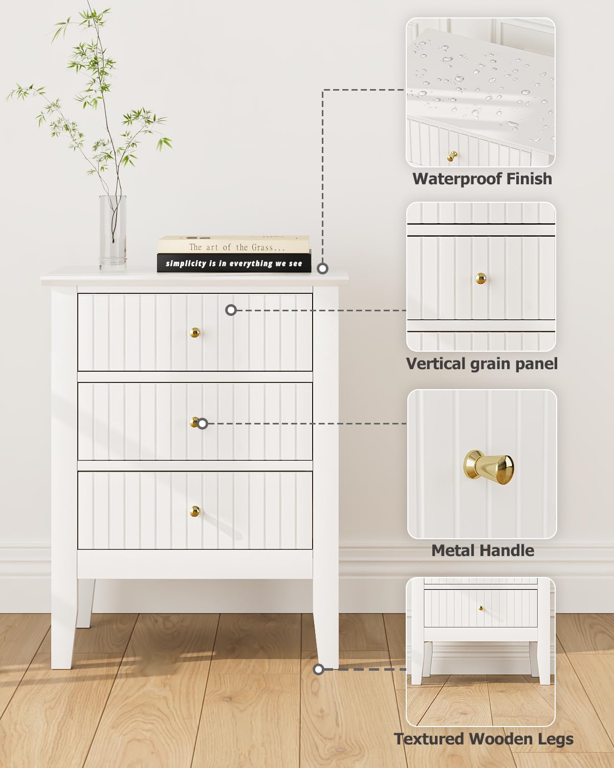 Apetaccat Fluted Nightstand, Farmhouse Night Stand with 3 Drawers, Mid Century Modern Side Accent Table,Bedside End Table for Bedroom, Living Room, White Apetaccat