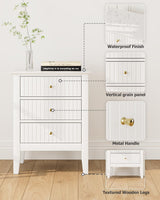 Apetaccat Fluted Nightstand, Farmhouse Night Stand with 3 Drawers, Mid Century Modern Side Accent Table,Bedside End Table for Bedroom, Living Room, White Apetaccat