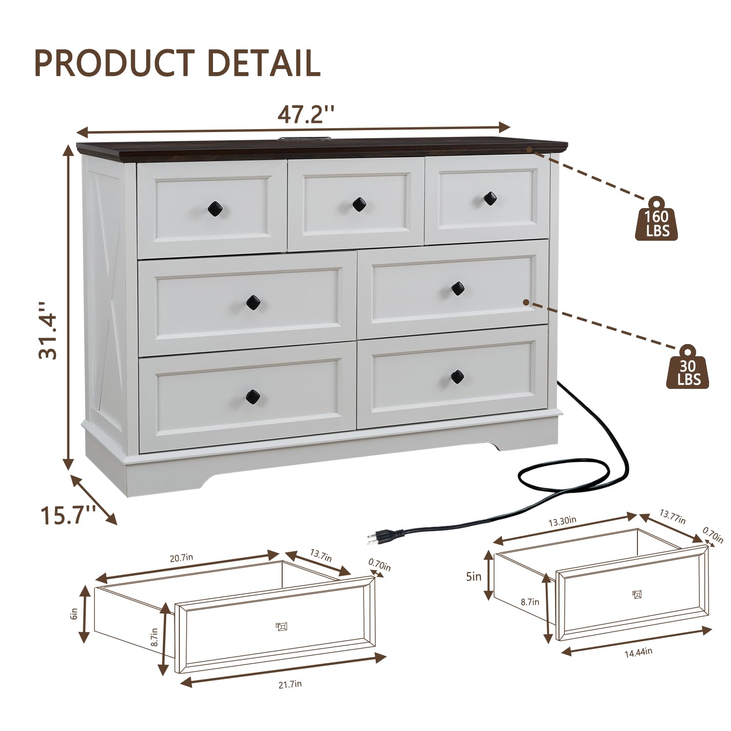 LDTTCUK Dresser for Bedroom with 7 Deep Drawers, Modern Dresser with Charging Station 7 Chest of Drawers, Wood Storage Organizer Dresser, Nursery Dresser for Living Room, Hallway, Solid White - WoodArtSupply