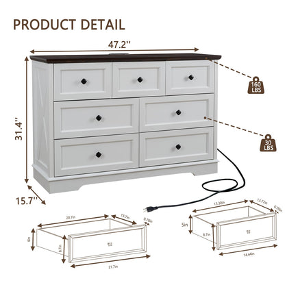 LDTTCUK Dresser for Bedroom with 7 Deep Drawers, Modern Dresser with Charging Station 7 Chest of Drawers, Wood Storage Organizer Dresser, Nursery Dresser for Living Room, Hallway, Solid White - WoodArtSupply