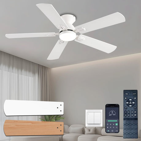 KNUN 52 inch Ceiling Fans with Lights, White Low Profile Ceiling Fan with Remote Control and App, Double-sided Fan Blades, 3CCT Dimmable LED, Noiseless, Flush Mount Ceiling Fan for Bedroom, Patio KNUN