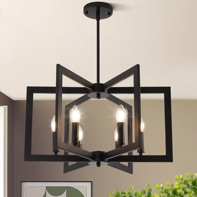 21.6" Black Farmhouse Chandelier,6-Light Geometric Dining Room Fixture,Modern Industrial Foyer Lighting Fixtures,Rustic Farmhouse Hanging Pendant Lights for Kitchen Island,Living Room,Bedroom,Entryway