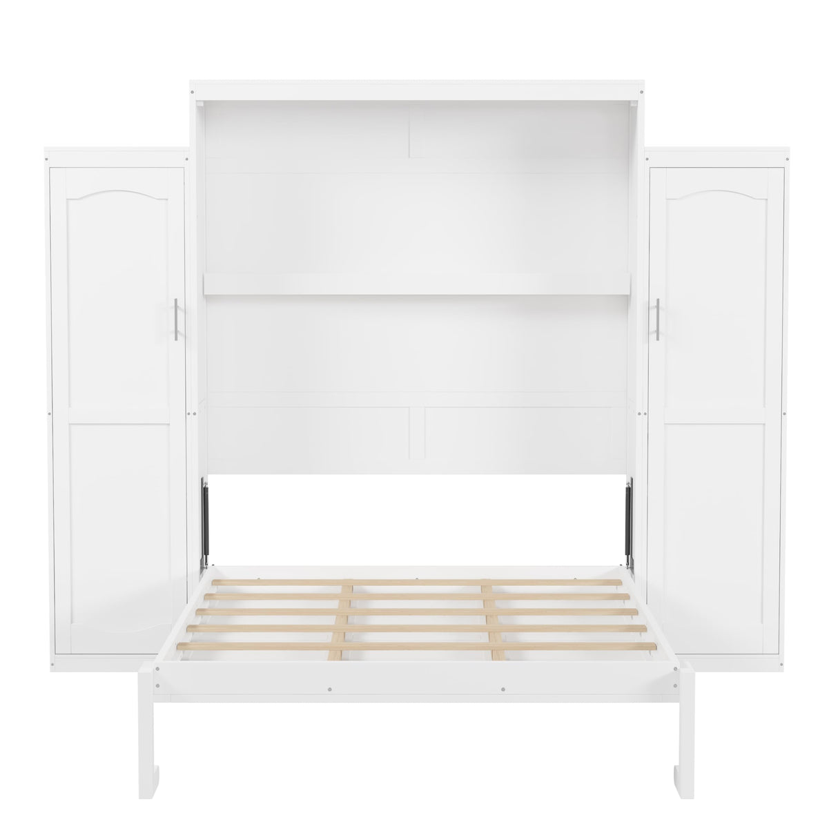 Merax Queen Size Wood Murphy Bed, with 2 Wardrobe and Storage Shelf, Multifunctional Foldable Wall Platform Bedframe for Guest-Room, Bedroom, White Merax