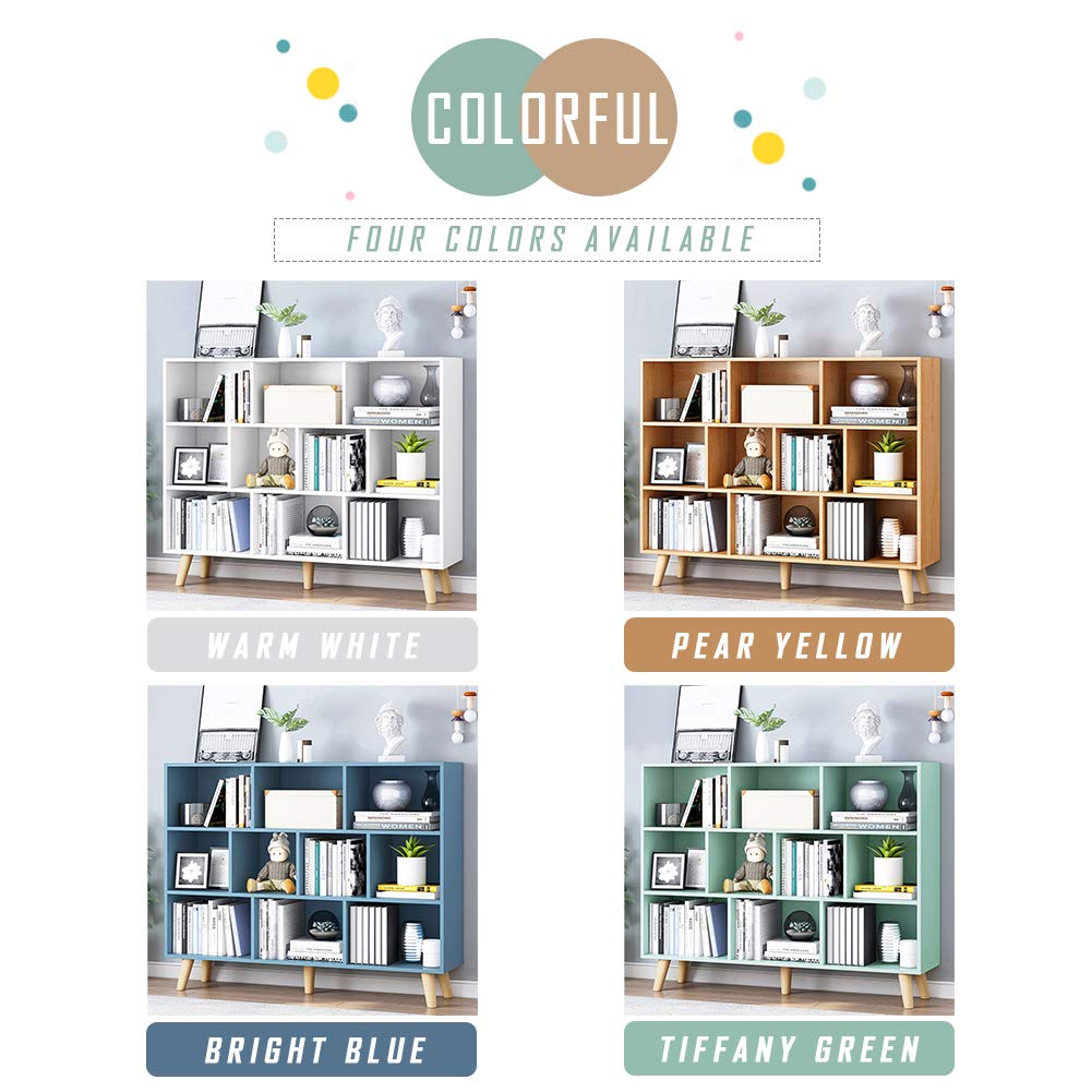 IOTXY Wooden Open Shelf Bookcase - 3-Tier Floor Standing Display Cabinet Rack with Legs, 10 Cubes Bookshelf, Warm White IOTXY