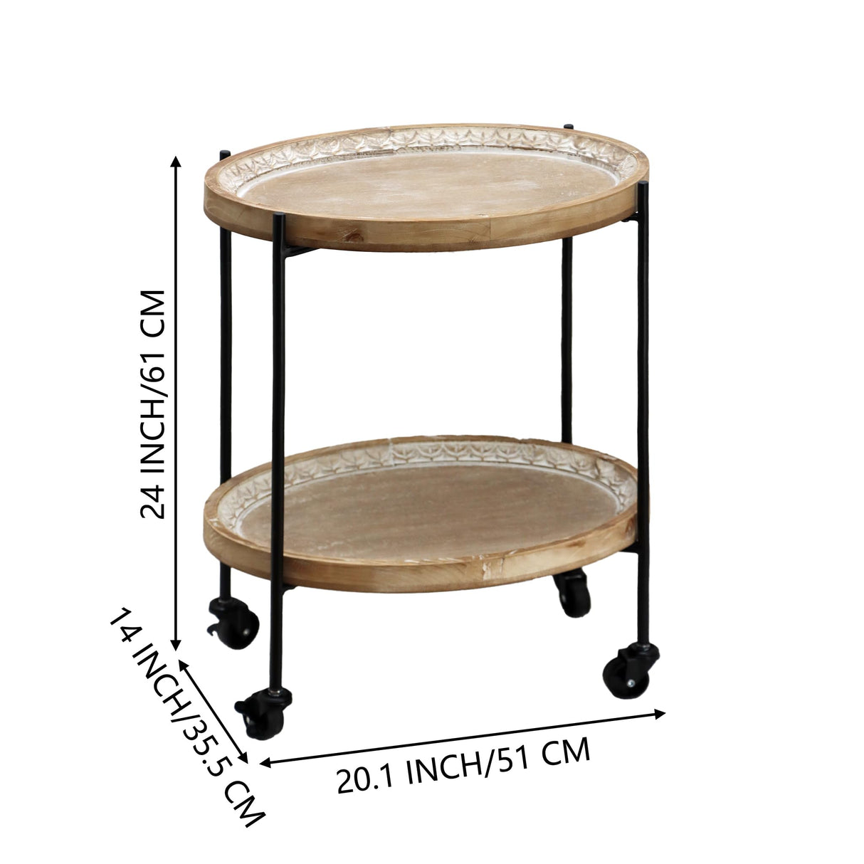 PARISLOFT Farmhouse End Table with Wheels, 2 Tier Side Table with Tray Top, Metal and Wood Rolling Coffee Table for Sofa, Kitchen, Living Room, Bedroom PARISLOFT