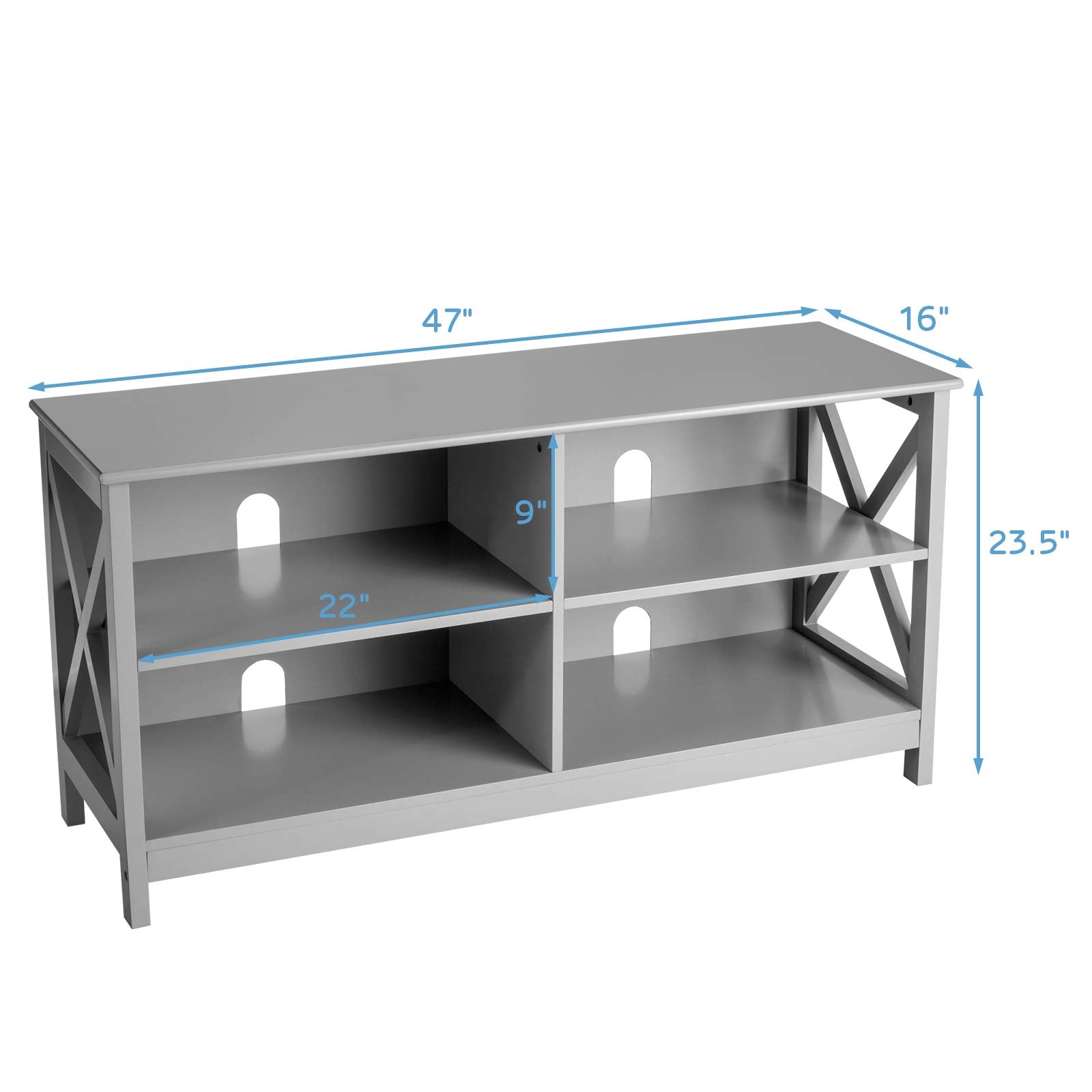 Tangkula TV Stand for TVs up to 55 Inches, 47" Farmhouse Entertainment Center with 4 Open Shelves & Built-in Cable Holes, TV Console Table with X-Shaped Frame for Living Room (Grey) - WoodArtSupply