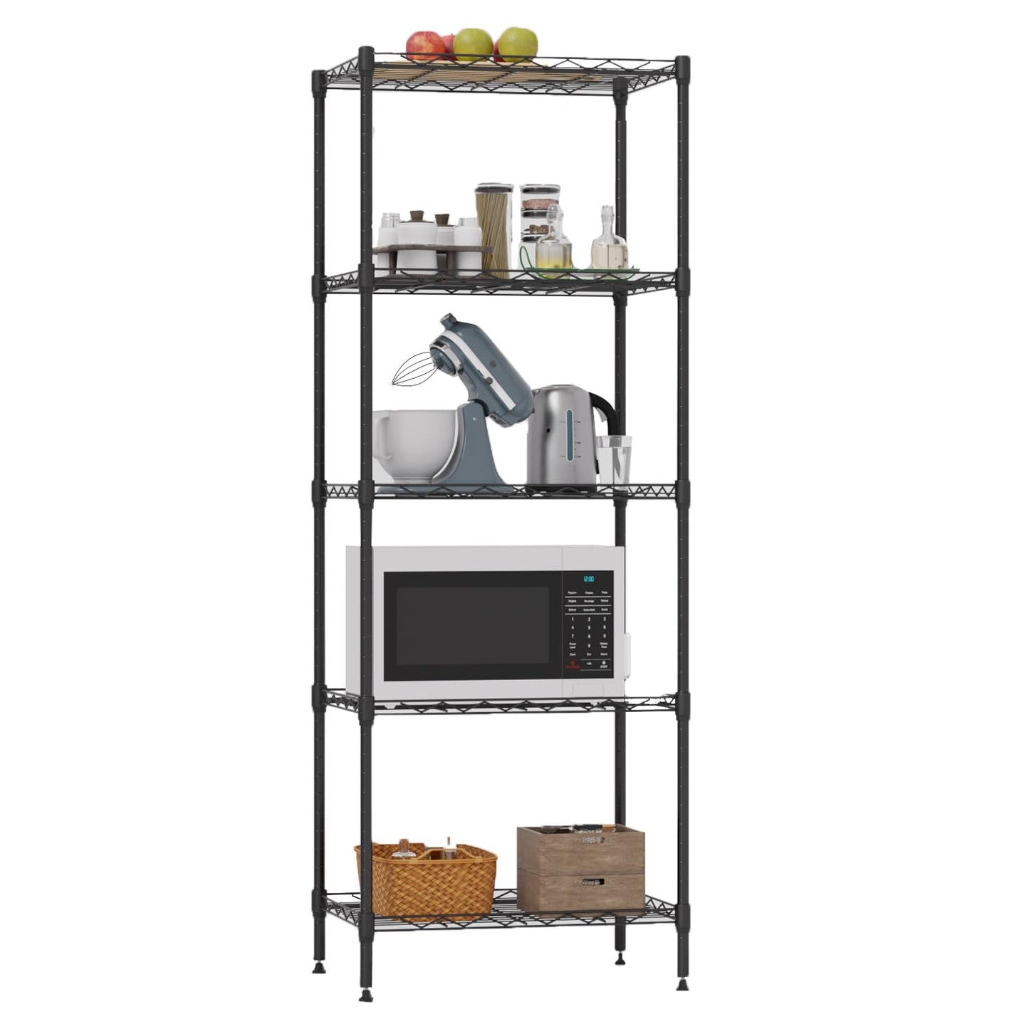 Metal Frame Storage Shelves 5-Tier Wire Shelving NSF Certified Storage Rack Shelf Heavy Duty Storage Shelf with Leveling Feet for Home Kitchen Garage, 12" Dx17 Wx48 H, Black