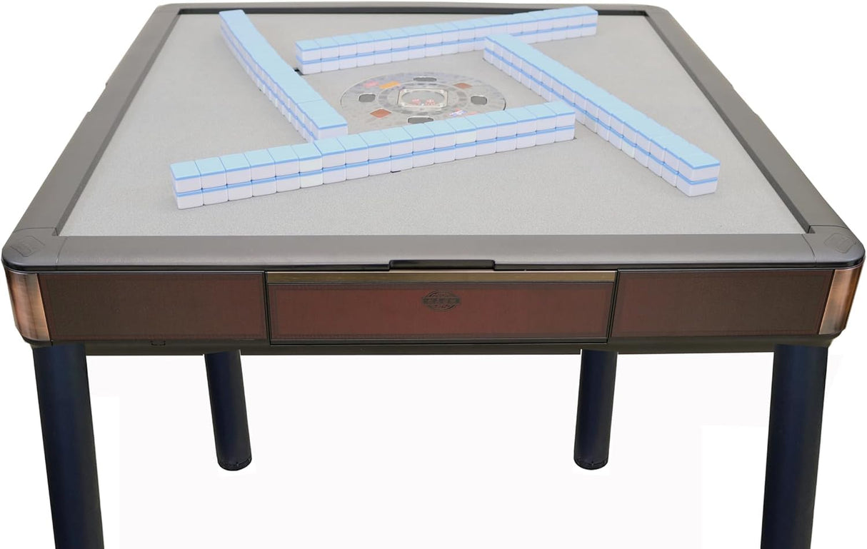 USA MJ Vintage-Style Automatic Mahjong Table with Carved Wooden Table Top Design, Burgundy Numbered Tiles, Roller Coaster Chinese/Filipino/American Style, 40mm Tiles USA MJ TABLE .COM