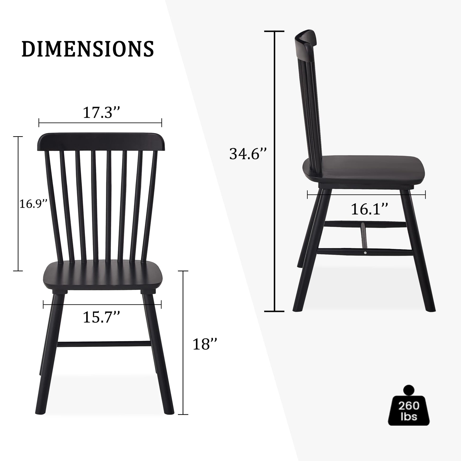 Saylike Dining Chairs Set of 4, Farmhouse Solid Wood Windsor Kitchen Chairs Set with Spindle Back for Restaurant Dining Room (4, Black, 17.3" W x 16.1" D x 34.6" H) - WoodArtSupply