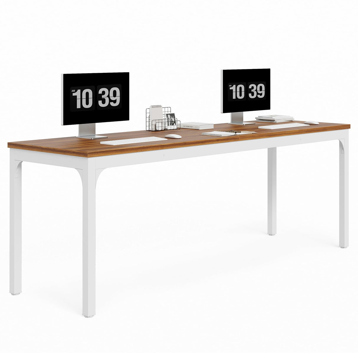 LITTLE TREE 78.7-Inch Ultra Long Double Desk, Writing Gaming Work Computer Two-Person Desk for Home Office, Walnut + White LITTLE TREE
