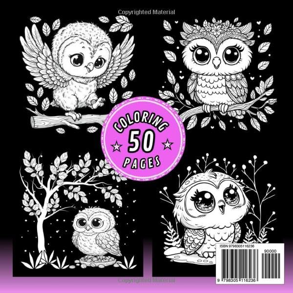 Baby Owl Black Background Coloring Book: 50 Bold and Easy coloring pages featuring these birds as cute forest animals with details of flowers, leaves and hearts for adults and kids. Majosta