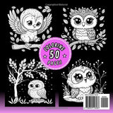 Baby Owl Black Background Coloring Book: 50 Bold and Easy coloring pages featuring these birds as cute forest animals with details of flowers, leaves and hearts for adults and kids. Majosta