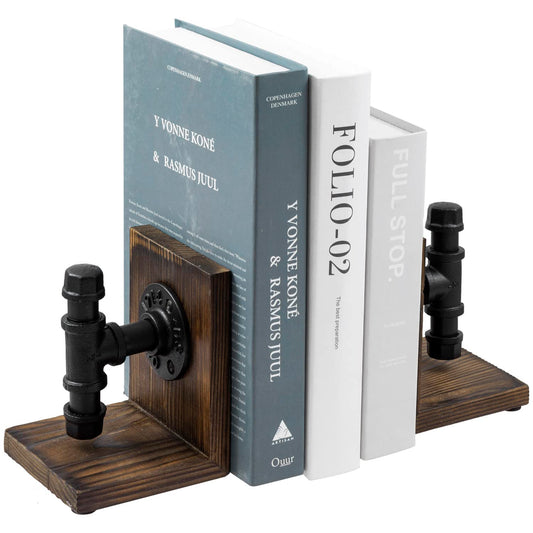 MyGift Vintage Style Rustic Burnt Wood Decorative Bookends with Industrial Black Metal Pipe Design, L Shaped Bookends for Bookshelf, Desktop or Mantel, Set of 2