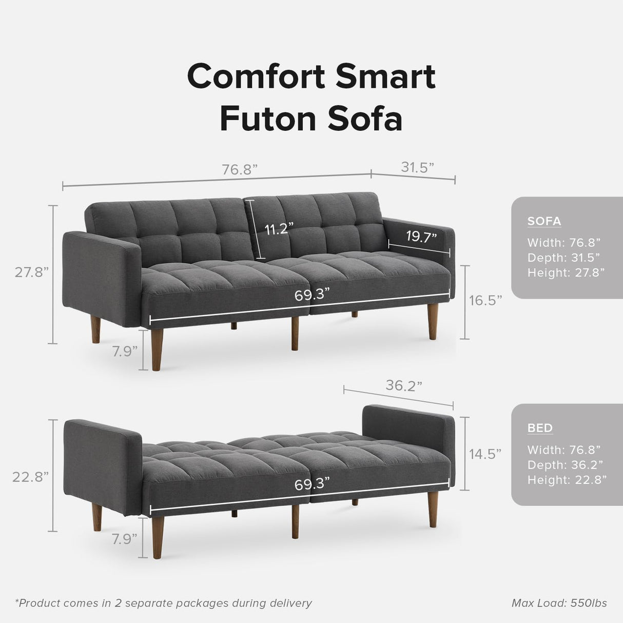 mopio Aaron Couch, Small Sofa, Futon, Sofa Bed, Sleeper Sofa, Loveseat, Mid Century Modern Futon Couch, Sofa Cama, Couches for Living Room, Bedroom (Dark Gray, Fabric) mopio