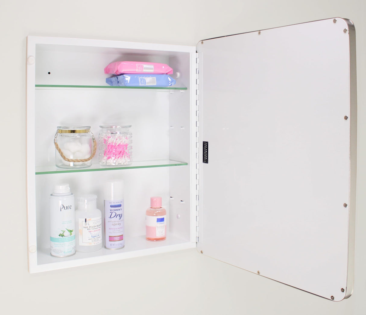 16x20 Austin Farmhouse Metal Framed Rounded Rectangle Recessed Bathroom Medicine Cabinet, Beveled Mirror, 14x18 in-Wall Opening, powder-coated Steel, Glass Shelves, Magnet Close, Brushed Nickel Fox Hollow Furnishings