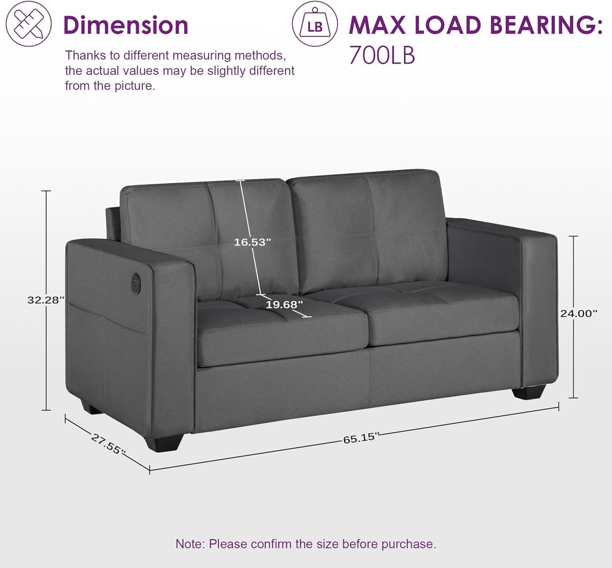TYBOATLE 65" Small Couches for Bedroom, Mid-Century Modern Tufted Comfy Loveseat w/USB Charging Ports and Wide Arms, 2 Seater Office Small Sofa for Dorm, Apartment, Grey TYBOATLE