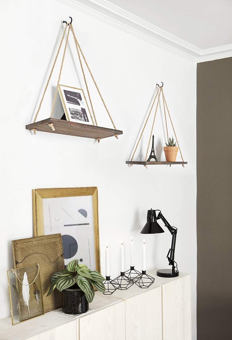 Mkono Wood Hanging Shelves for Wall Boho Decor Swing Rope Rustic Floating Shelf, Set of 3 Wall Display Shelving Home Organizer Rack for Living Room Bedroom Bathroom Kitchen,Brown Mkono