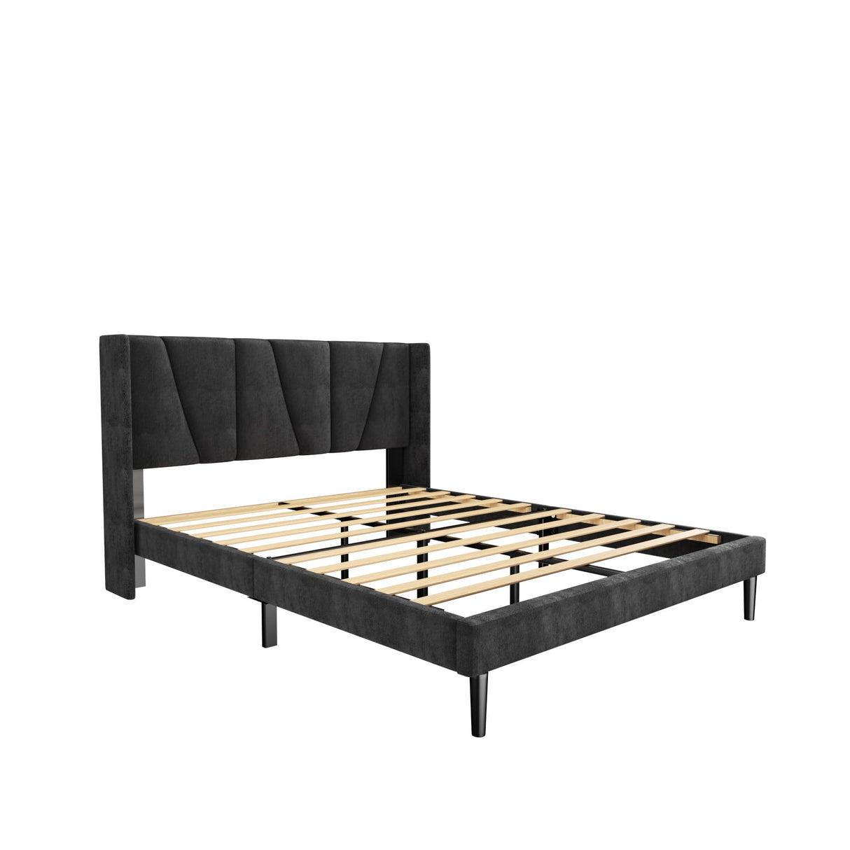 Queen Bed Frame with Headboard and Wingback, Velvet Upholstered Platform Bed, Mattress Foundation with Wooden Slat Support, No Box Spring Needed, Easy Assembly, Noise Free, Black Sismplly