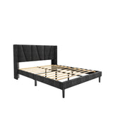 Queen Bed Frame with Headboard and Wingback, Velvet Upholstered Platform Bed, Mattress Foundation with Wooden Slat Support, No Box Spring Needed, Easy Assembly, Noise Free, Black Sismplly