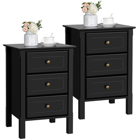Yaheetech Bedside Table Set of 2, Nightstand with 3 Drawer and Solid Wood Legs, Accent Night Stand with Storage Cabinet for Bedroom Home Office, 16″ L × 16″ W × 24″ H, Black Yaheetech