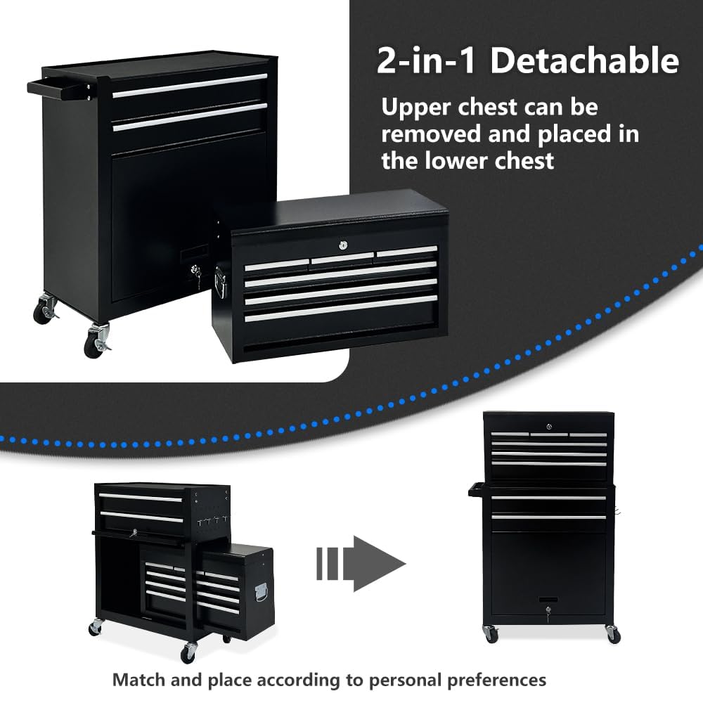 Dawmilon Rolling Tool Chest with Wheels, 8-Drawer Tool Box with Liners and Locking System for Warehouse, Garage, Workshop, Black - WoodArtSupply