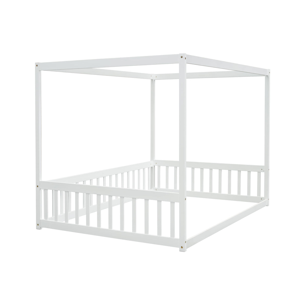 Full Size Canopy Bed Frame with Guardrails for Kids,Floor Bed Full with Four Poster Design,Kids Montessori Floor Bed,Wood Canopy Bed Frame for Girls,Boys(Full,White) Bellemave