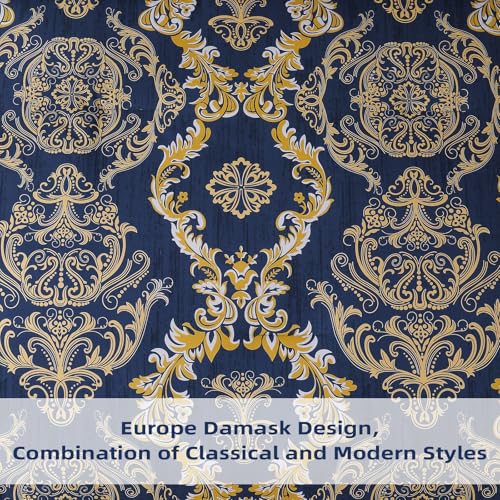 WONGS BEDDING Blue Gold Comforter Set King Size, Damask Texture 7 Pieces Bed in a Bag Microfiber Comforter Bedding Sets -1 Comforter, 1 Flat Sheet, 1 Fitted Sheet, 2 Pillow Shams, 2 Pillowcases WONGS BEDDING
